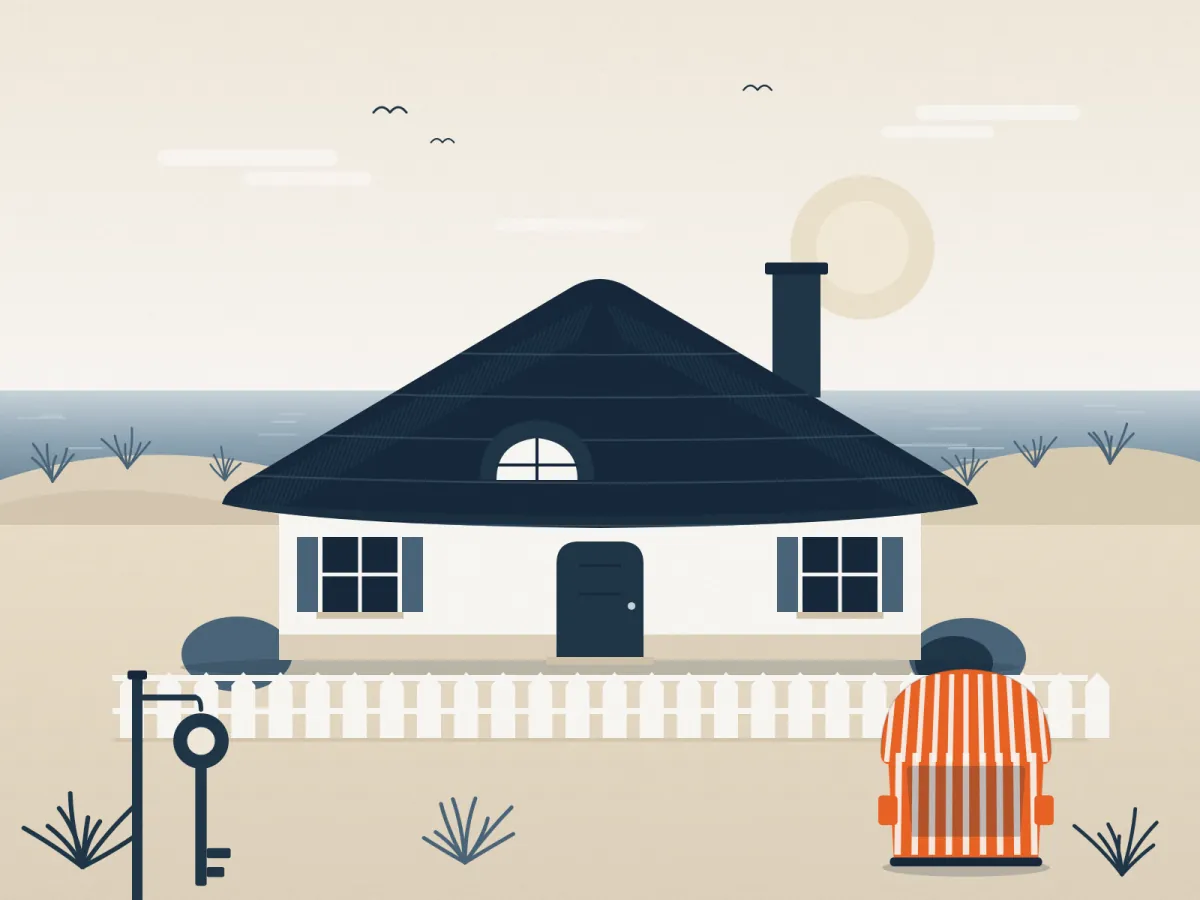Illustration: Reetgedecktes Ferienhaus mit Strandkorb und Schlüssel an der Küste