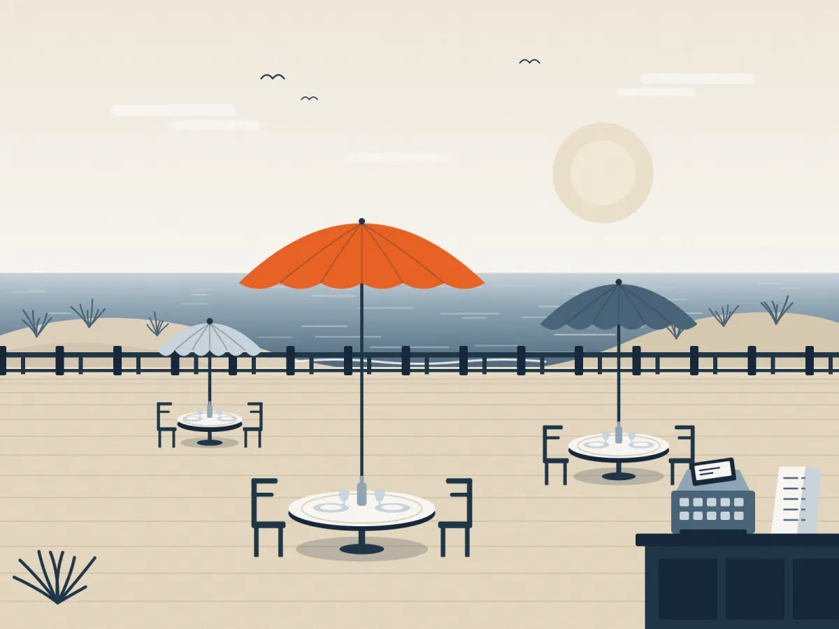 Illustration: Terrasse mit gedeckten Tischen, Sonnenschirmen und Kasse am Meer