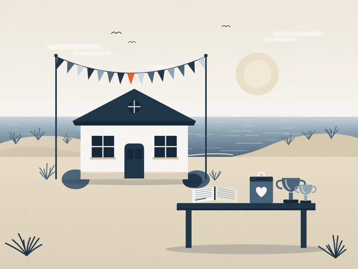 Illustration: Vereinshaus mit Wimpelkette, Pokalen, Spendenbox und Mitgliederbuch am Strand