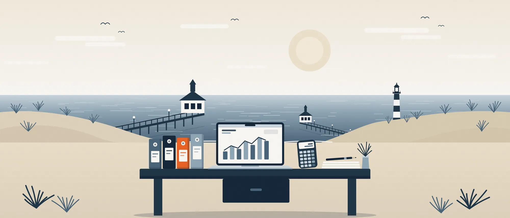 Illustration: Schreibtisch mit Ordnern, Laptop und Taschenrechner vor Dünen, Seebrücken und Leuchtturm an der Küste von Usedom